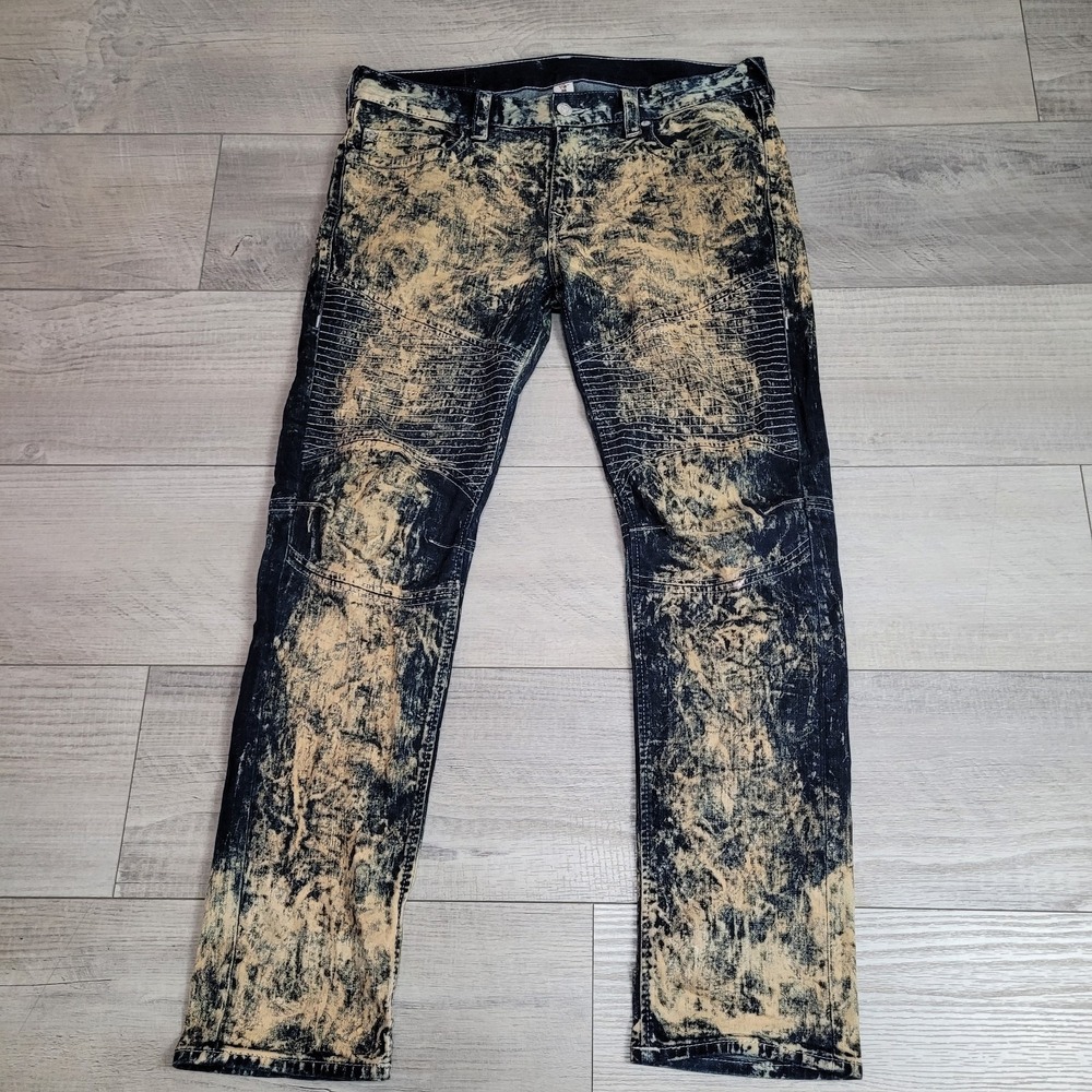 👖True Religion MOTO Jeans Mens 39x34 Acid Bleach Splatter Biker Stretch Grunge